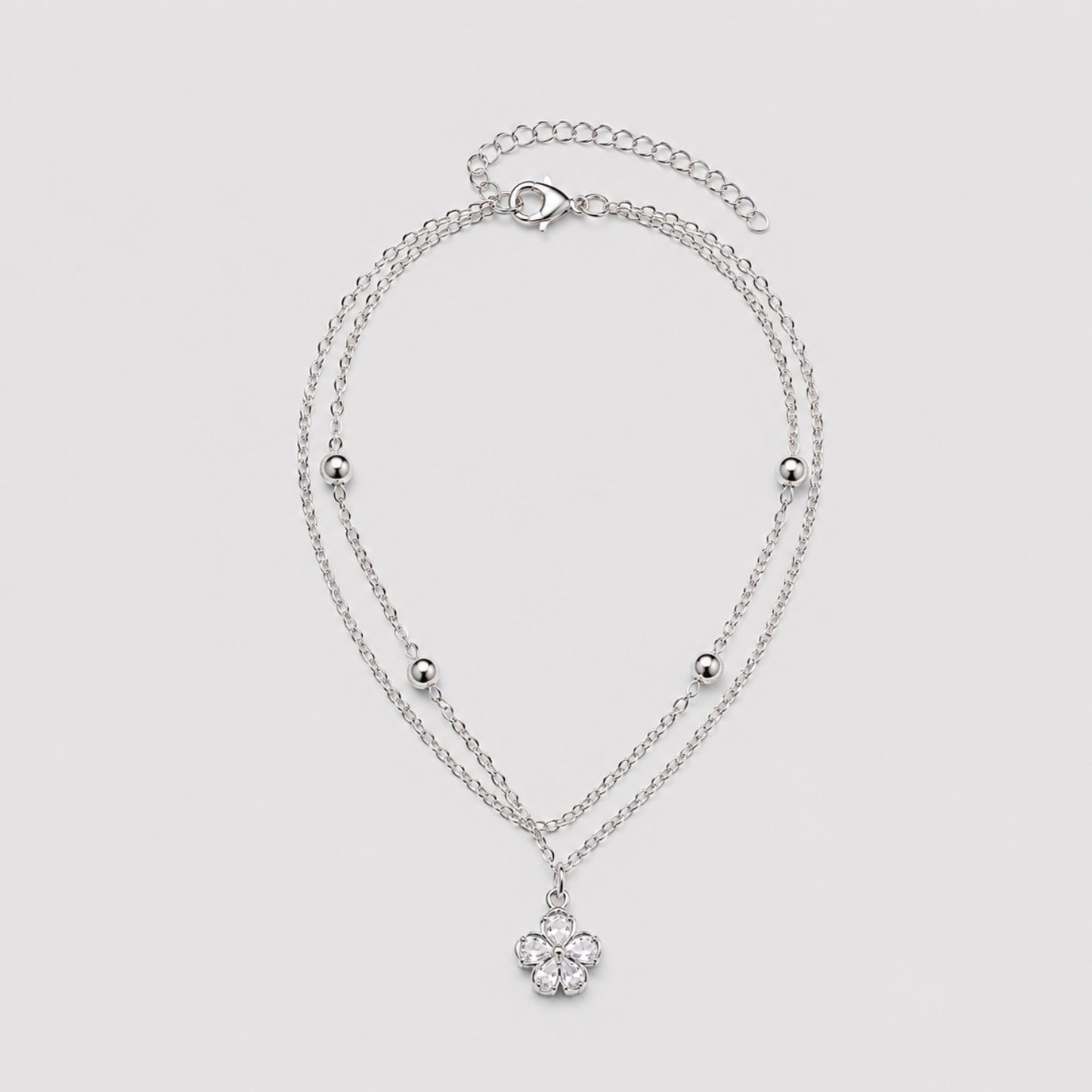 Silver Layered Crystal Flower Anklet | Double Chain Floral Charm | Waterproof & Tarnish-Resistant Anklet for Women