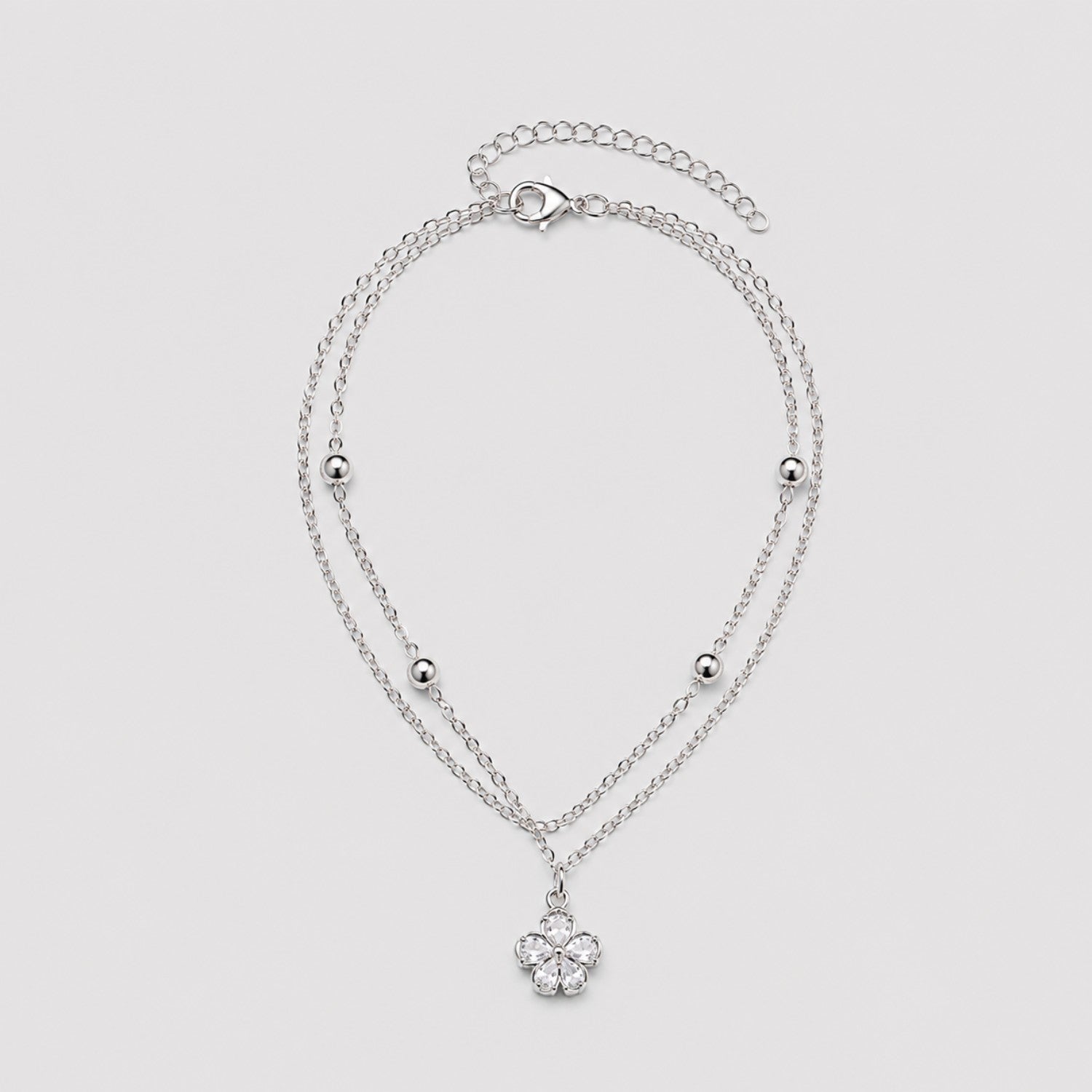 Silver Layered Crystal Flower Anklet | Double Chain Floral Charm | Waterproof & Tarnish-Resistant Anklet for Women