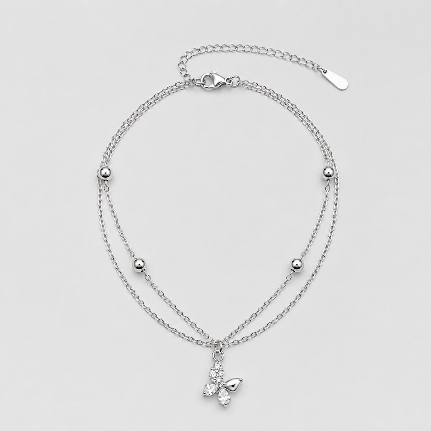 Silver Layered Butterfly Anklet | Double Chain Crystal Butterfly Charm | Waterproof & Tarnish-Resistant Anklet for Women