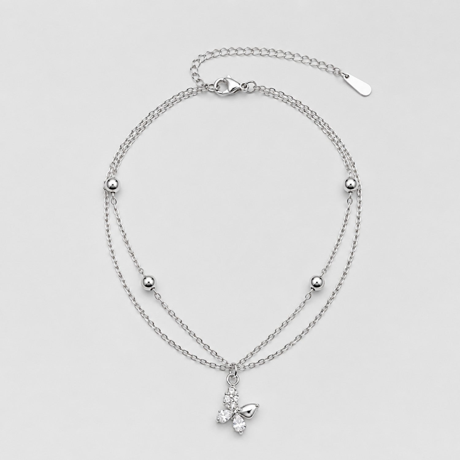 Silver Layered Butterfly Anklet | Double Chain Crystal Butterfly Charm | Waterproof & Tarnish-Resistant Anklet for Women