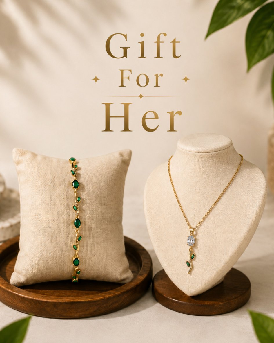 Emerald Vine Gift Set for Her | 18K Gold Plated Necklace & Bracelet Duo