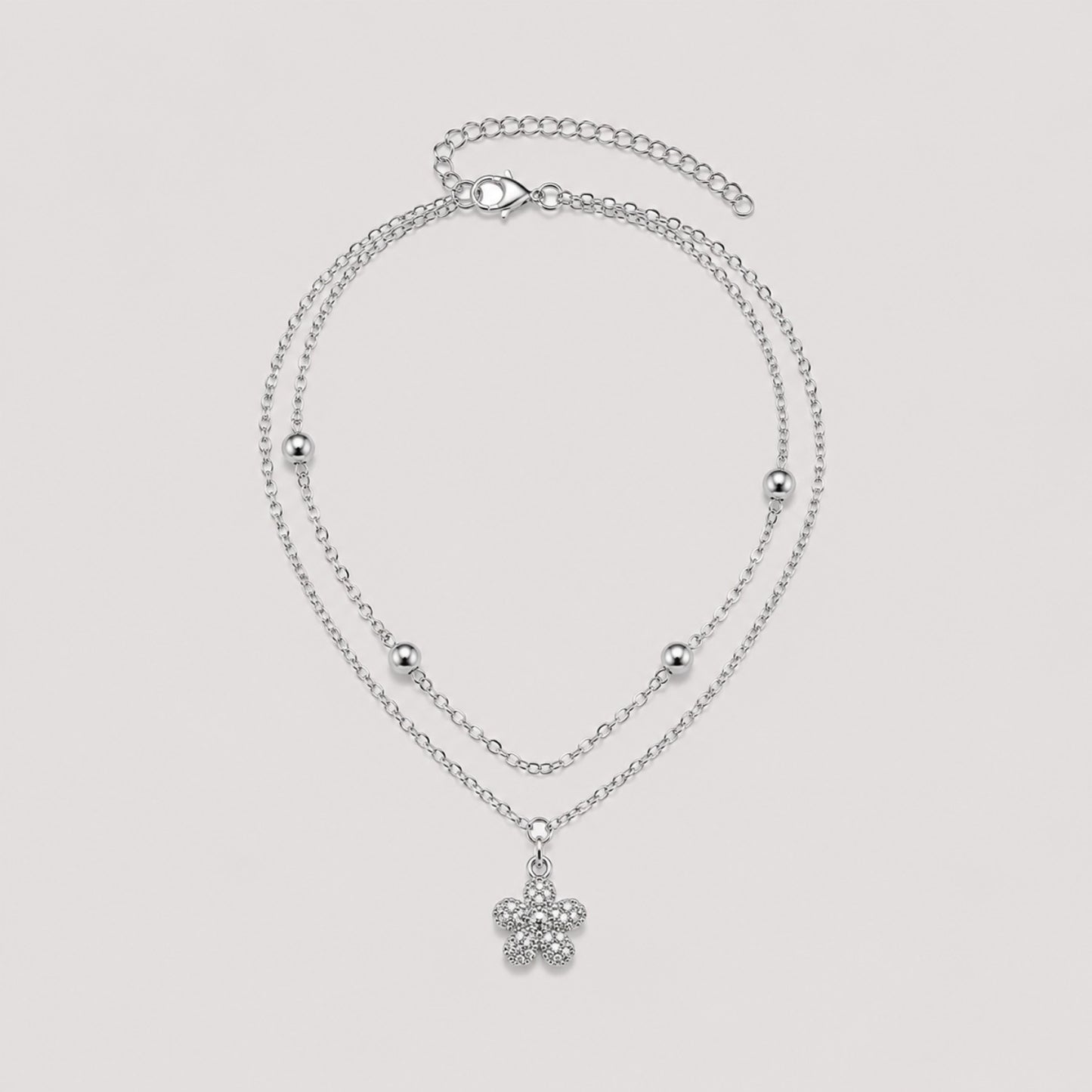 Silver Layered Flower Anklet | Double Chain Crystal Flower Charm | Waterproof & Tarnish-Resistant Anklet for Women