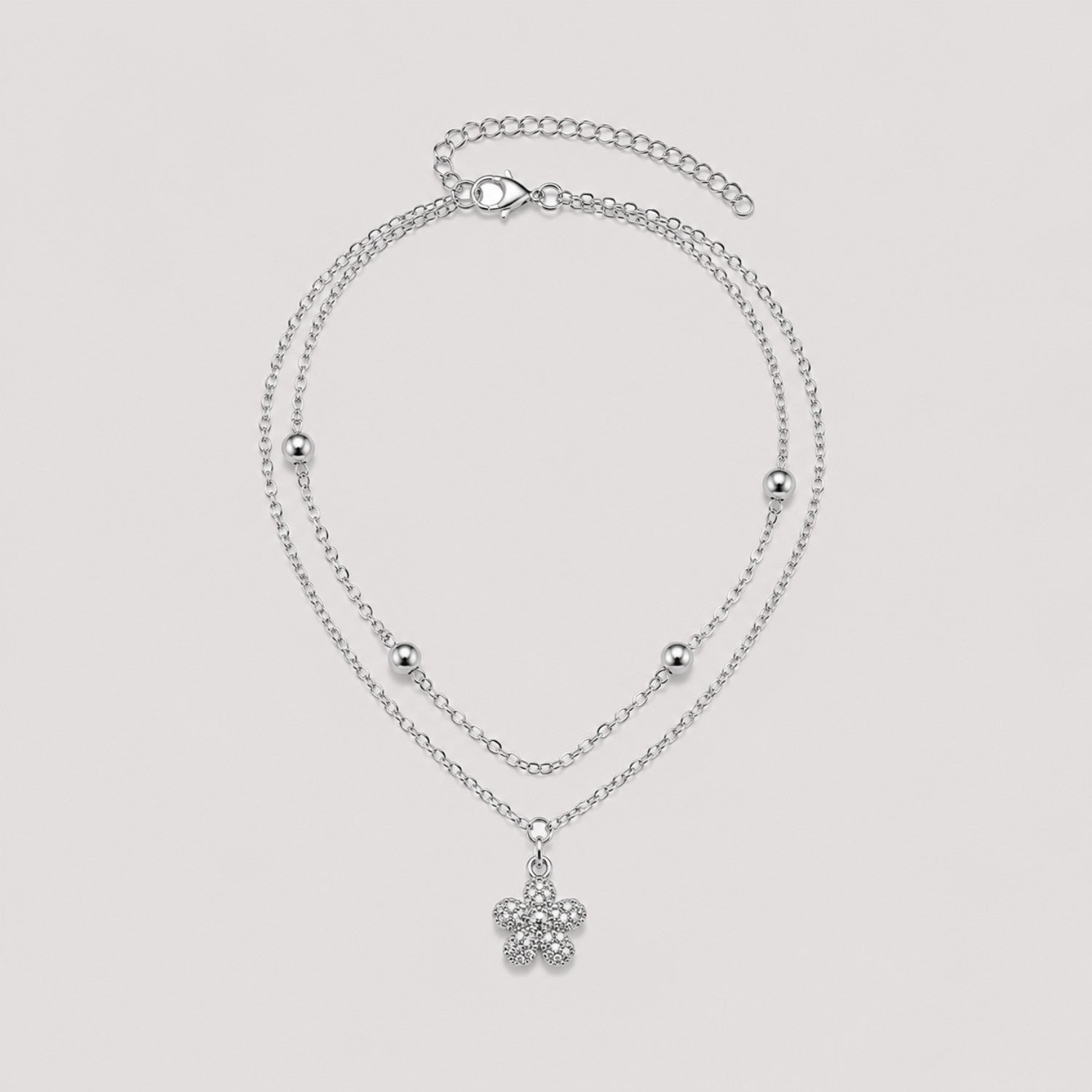 Silver Layered Flower Anklet | Double Chain Crystal Flower Charm | Waterproof & Tarnish-Resistant Anklet for Women