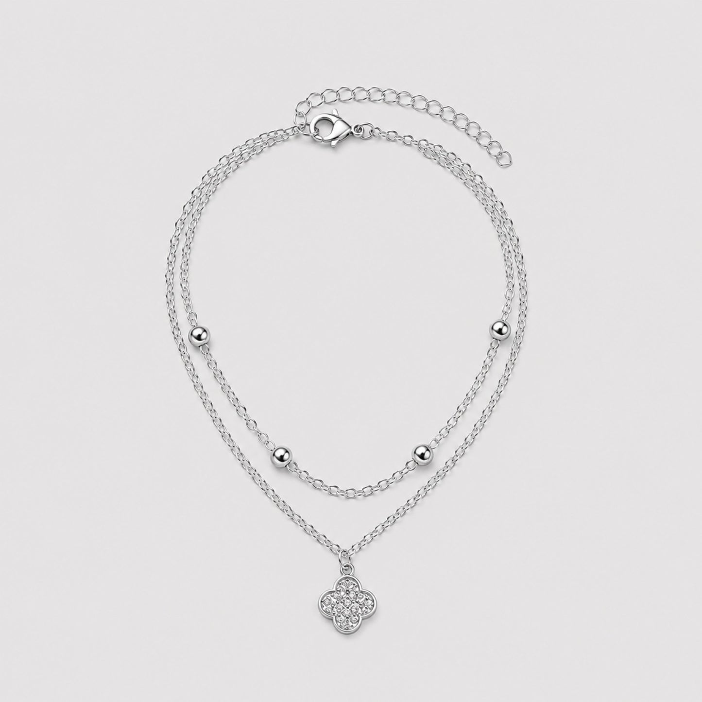 Silver Layered Clover Anklet | Double Chain Crystal Clover Charm | Waterproof & Tarnish-Resistant Anklet for Women