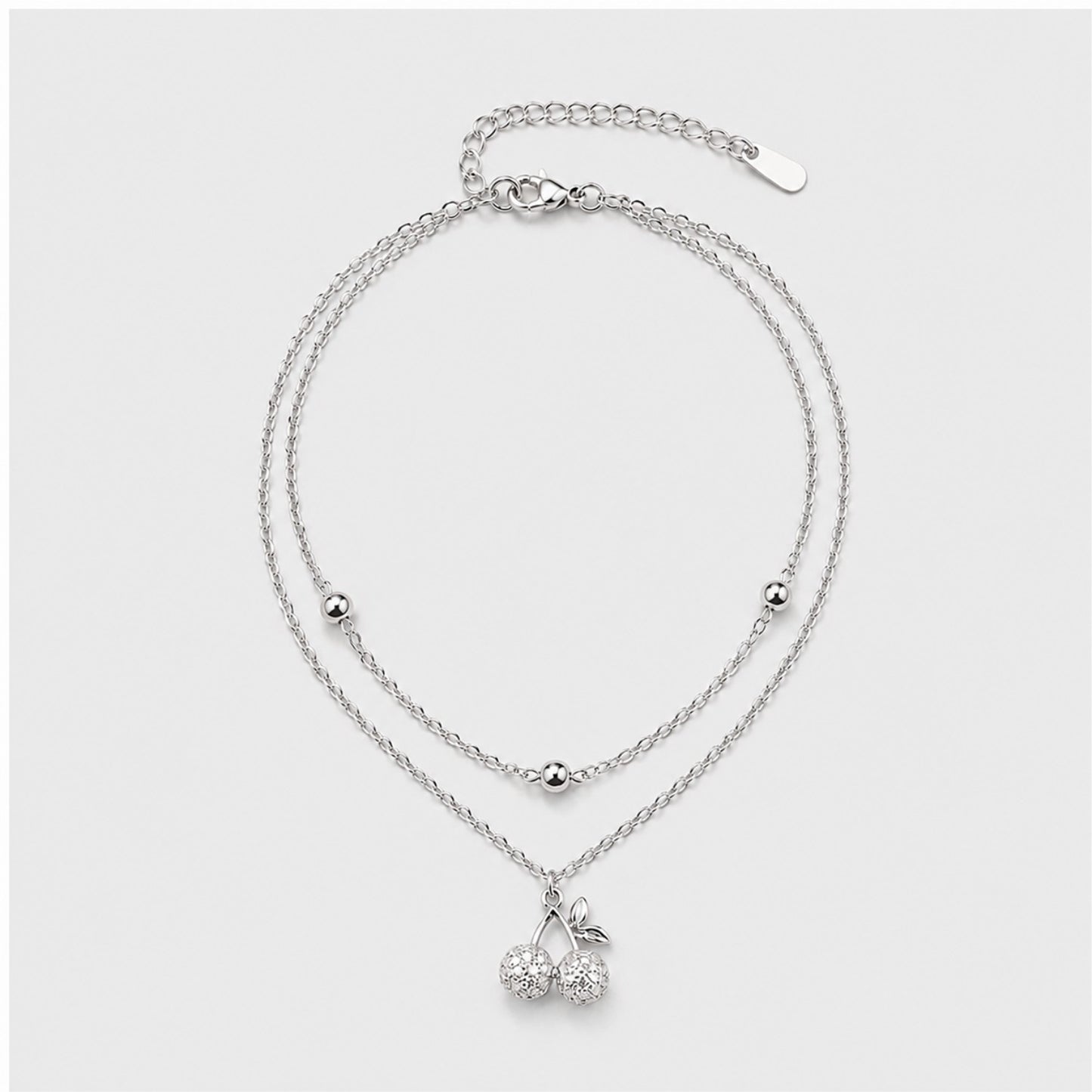 Silver Layered Cherry Anklet | Double Chain Crystal Cherry Charm | Waterproof & Tarnish-Resistant Anklet for Women