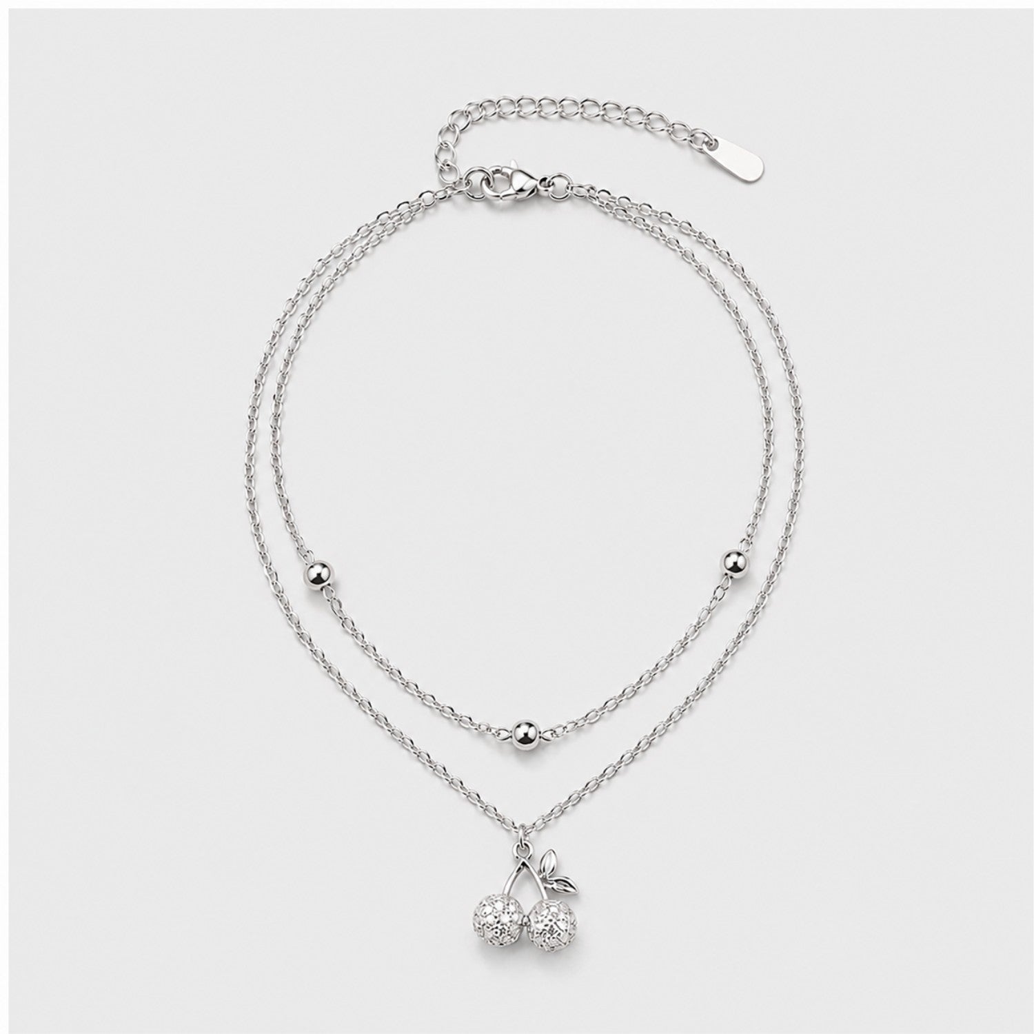 Silver Layered Cherry Anklet | Double Chain Crystal Cherry Charm | Waterproof & Tarnish-Resistant Anklet for Women