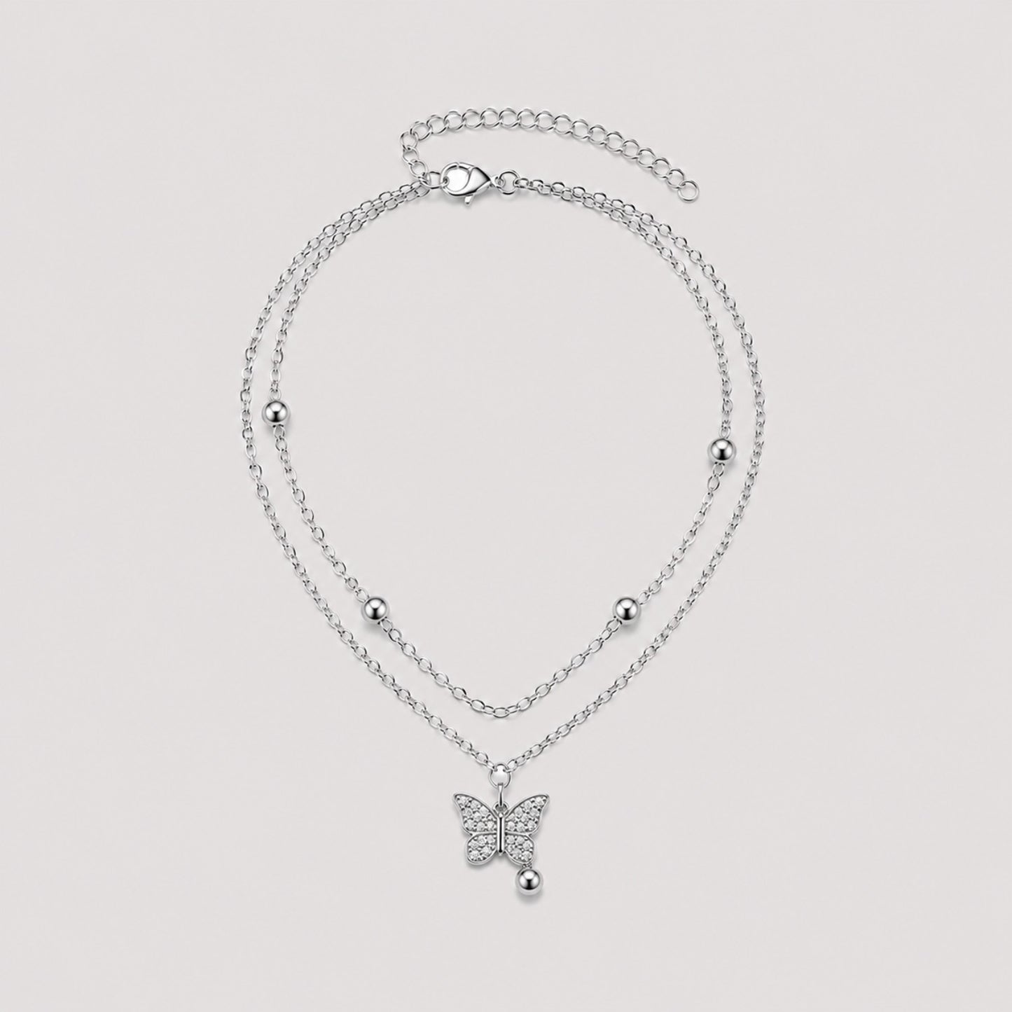 Silver Layered Butterfly Charm Anklet | Double Chain Crystal Butterfly Pendant | Waterproof & Tarnish-Resistant Anklet for Women