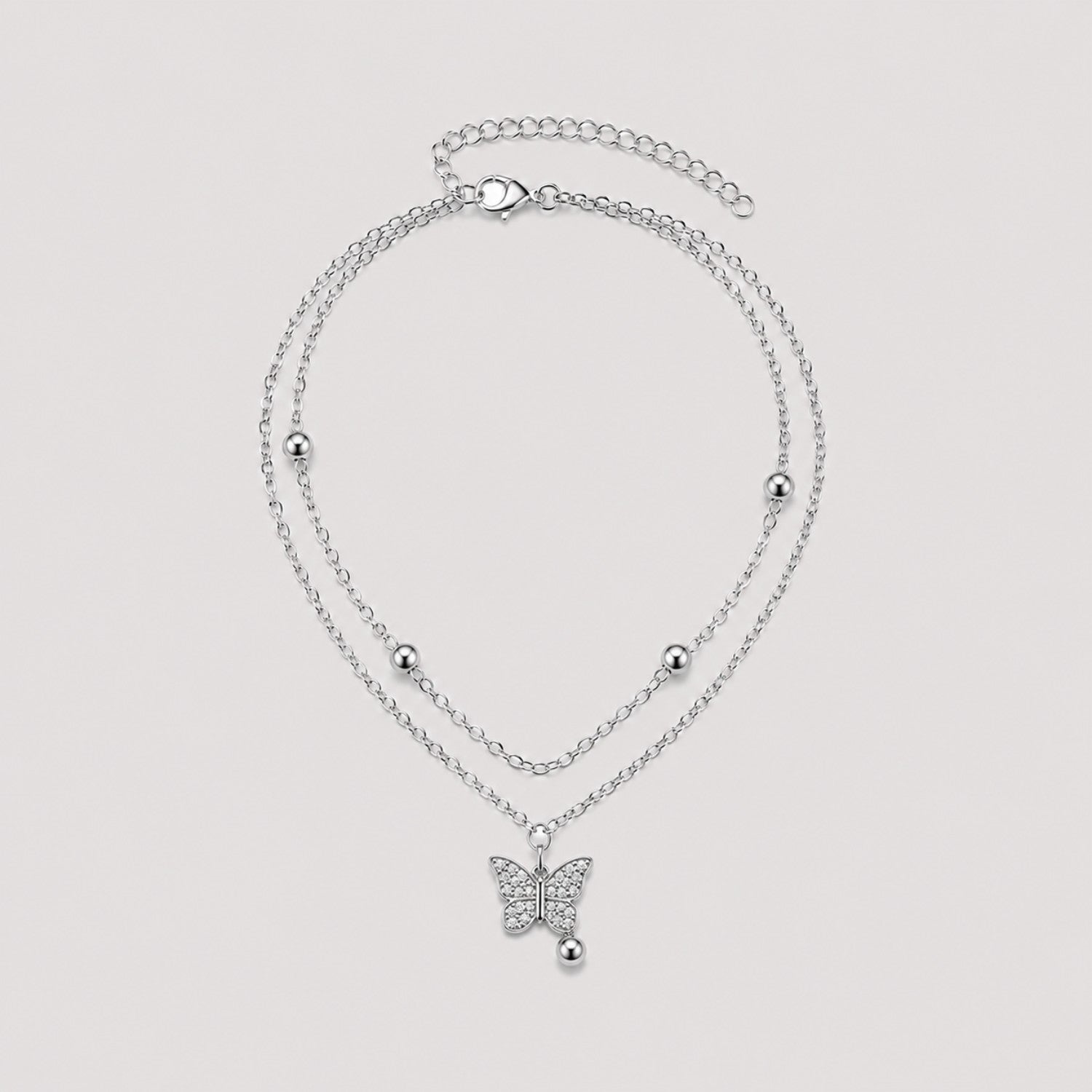 Silver Layered Butterfly Charm Anklet | Double Chain Crystal Butterfly Pendant | Waterproof & Tarnish-Resistant Anklet for Women