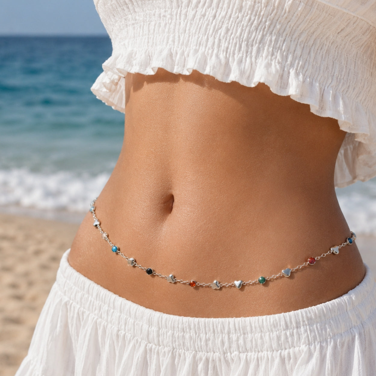 Silver Multicolour Heart Waist Chain | Waterproof & Tarnish-Resistant Body Jewellery for Women