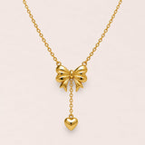Golden Bow Heart Drop Necklace | 18K Gold Plated Stainless Steel
