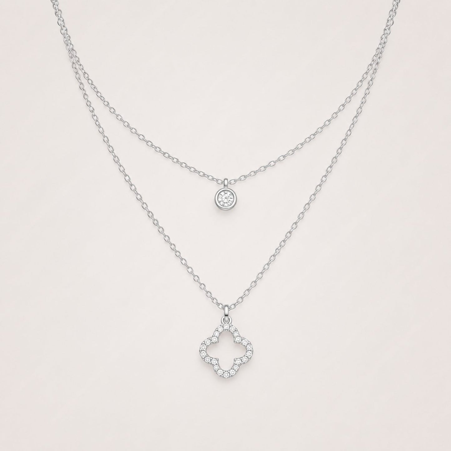 Silver Layered Clover Necklace | Double Layer Crystal Pendant Necklace | Waterproof & Tarnish-Resistant Necklace for Women