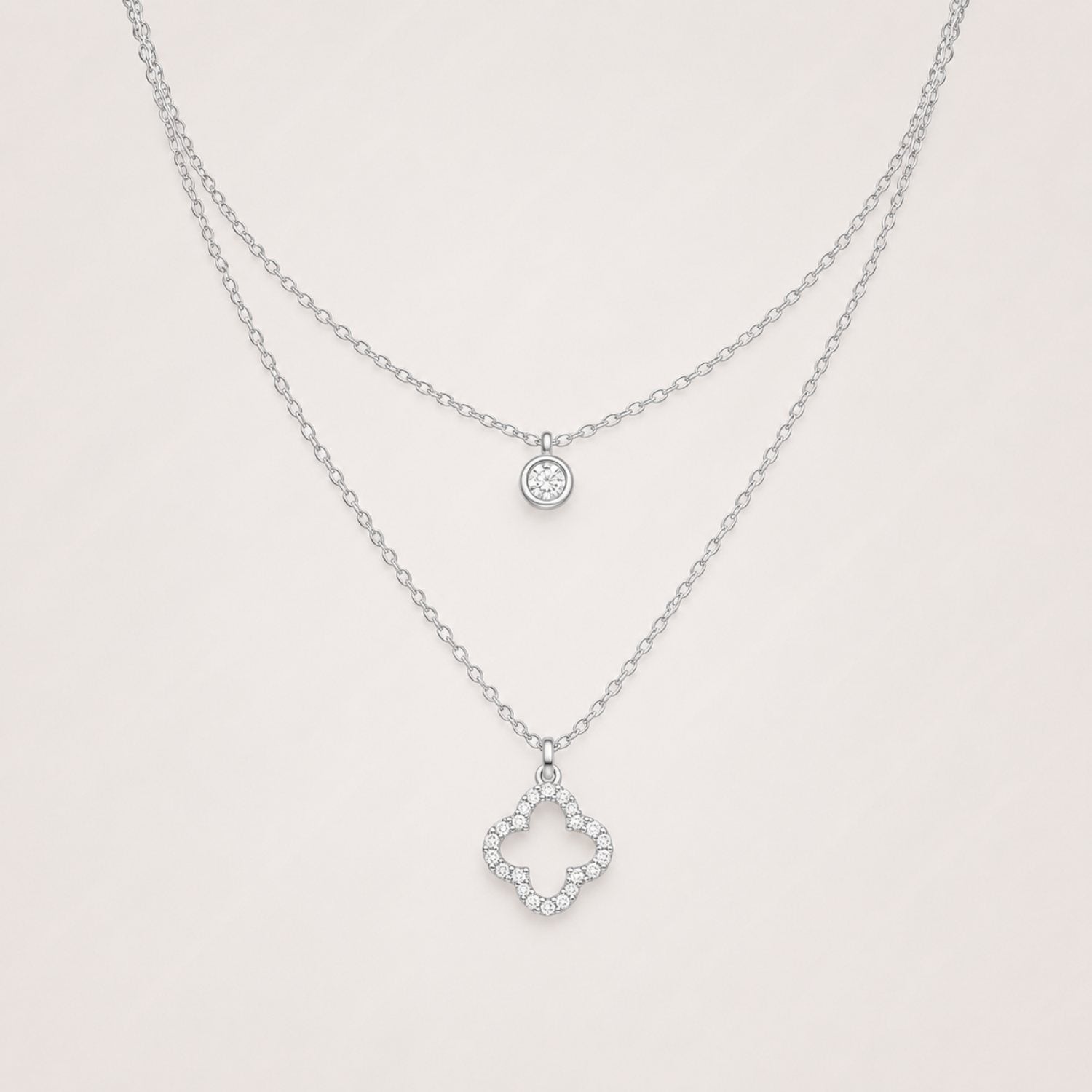 Silver Layered Clover Necklace | Double Layer Crystal Pendant Necklace | Waterproof & Tarnish-Resistant Necklace for Women