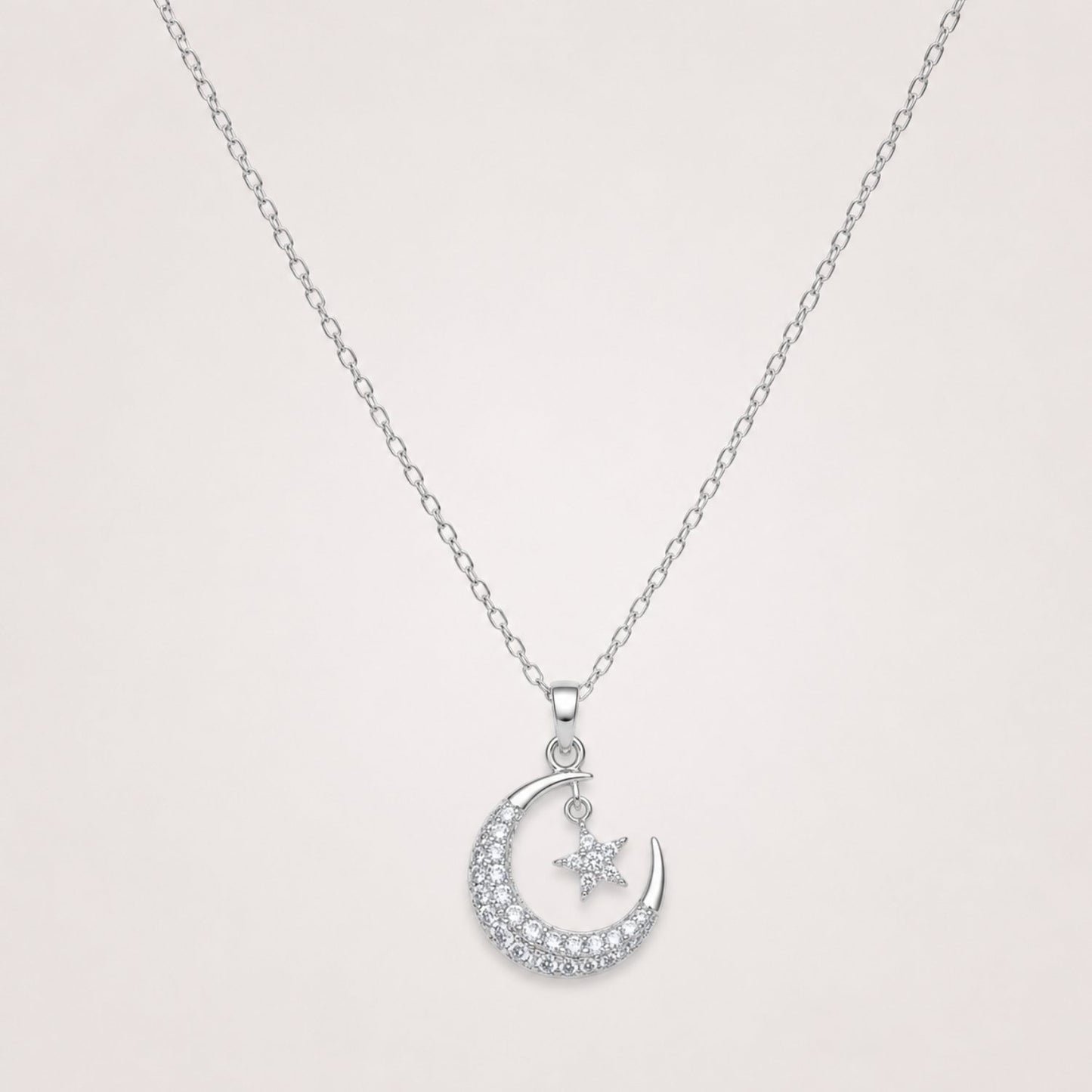 Silver Celestial Moon & Star Necklace | Crystal Crescent Moon Pendant | Waterproof & Tarnish-Resistant Necklace for Women