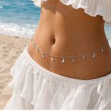 Silver Celestial Beaded Waist Chain | Moon & Star Charm Body Jewellery | Waterproof & Tarnish-Resistant Waist Chain for Women