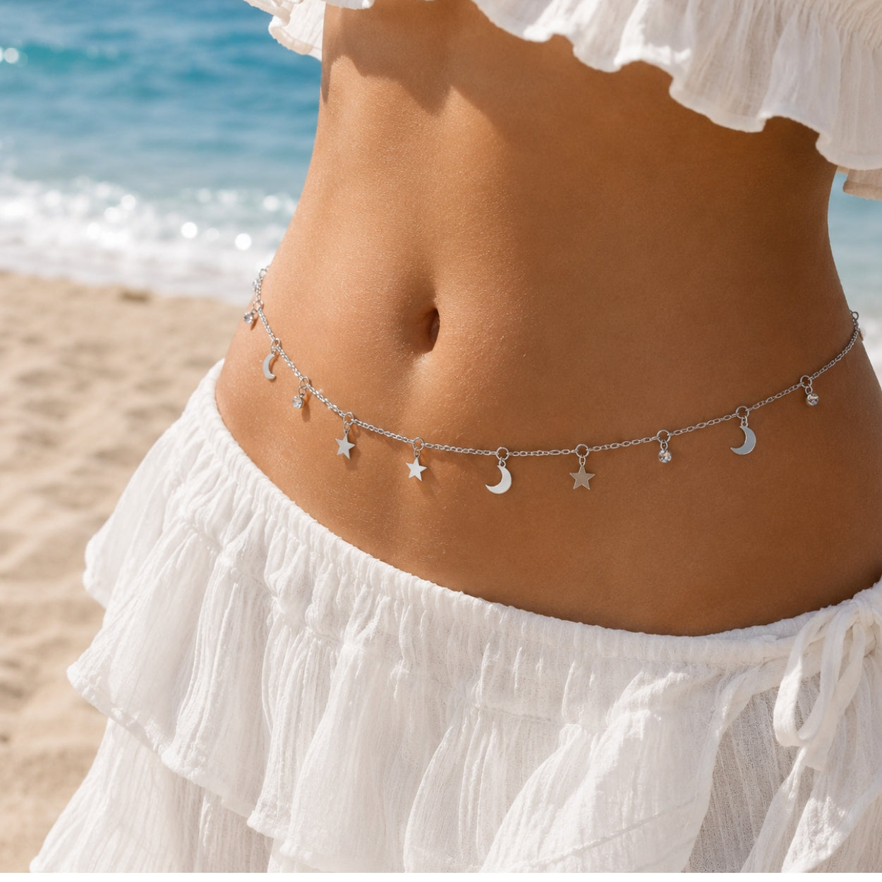 Silver Celestial Beaded Waist Chain | Moon & Star Charm Body Jewellery | Waterproof & Tarnish-Resistant Waist Chain for Women