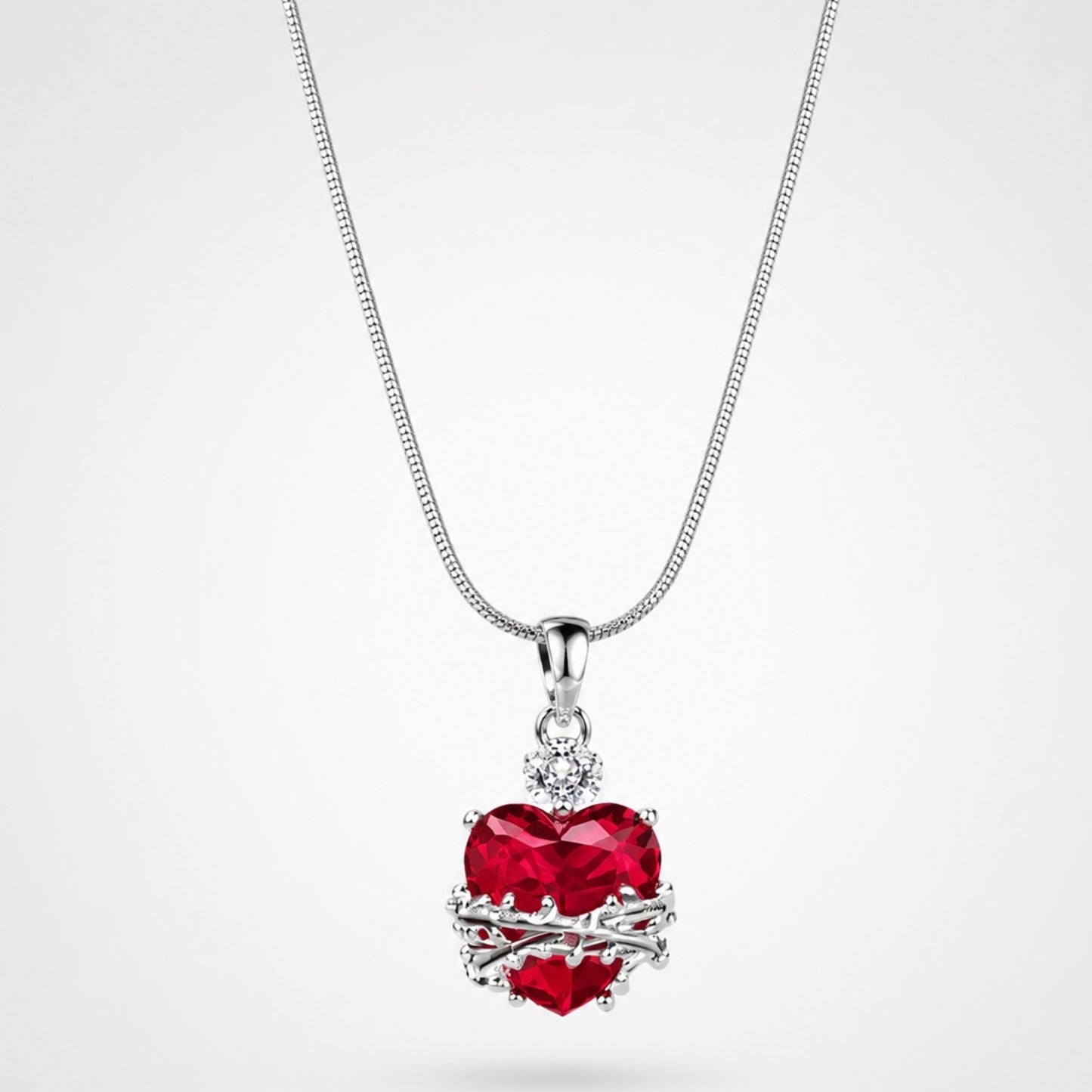 Silver Ruby Heart Necklace | Crystal Heart Pendant | Waterproof & Tarnish-Resistant Necklace for Women
