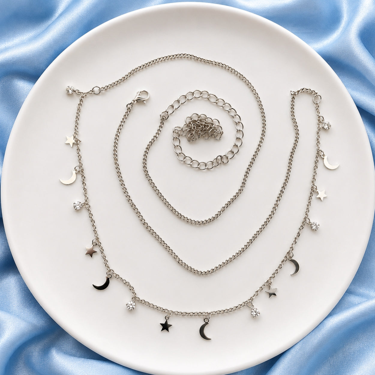 Silver Celestial Beaded Waist Chain | Moon & Star Charm Body Jewellery | Waterproof & Tarnish-Resistant Waist Chain for Women