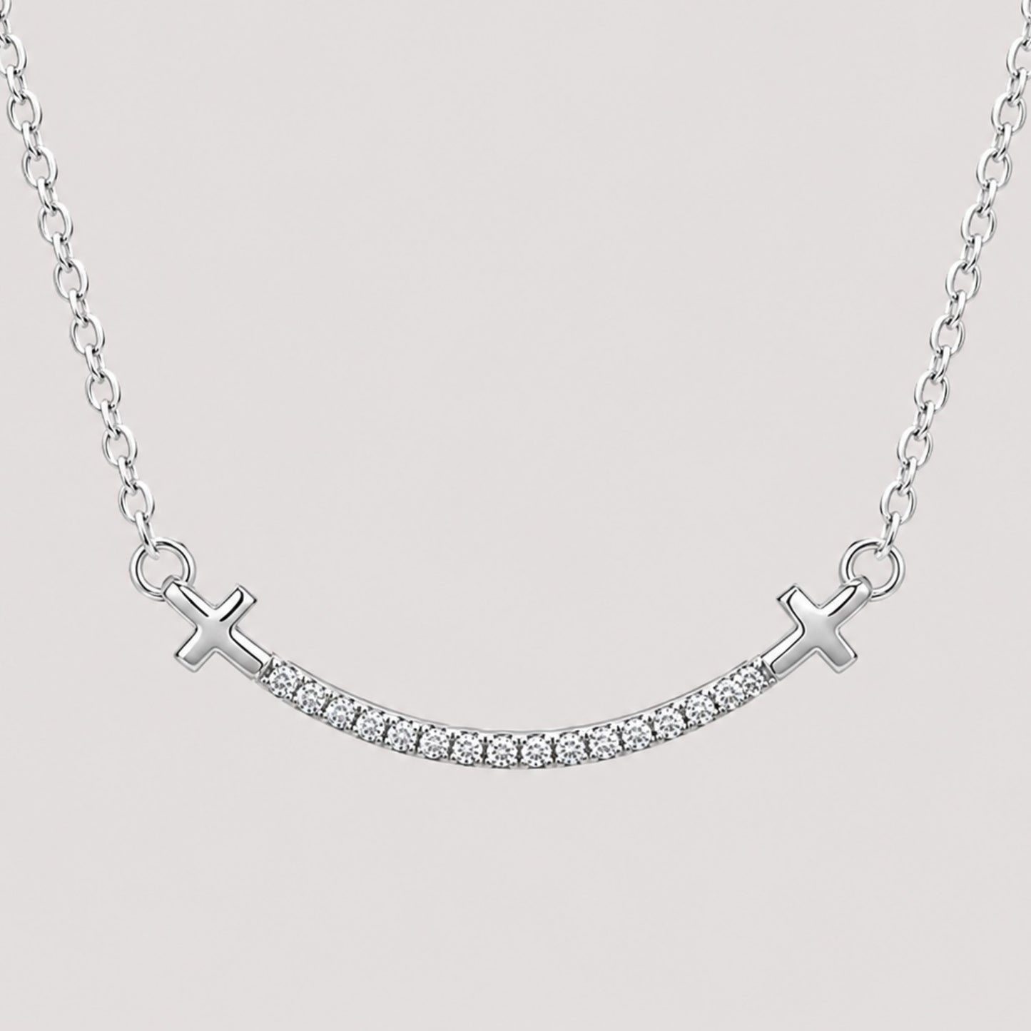 Silver Crystal Cross Bar Necklace | Modern Curved Cross Necklace | Waterproof & Tarnish-Resistant Necklace for Women