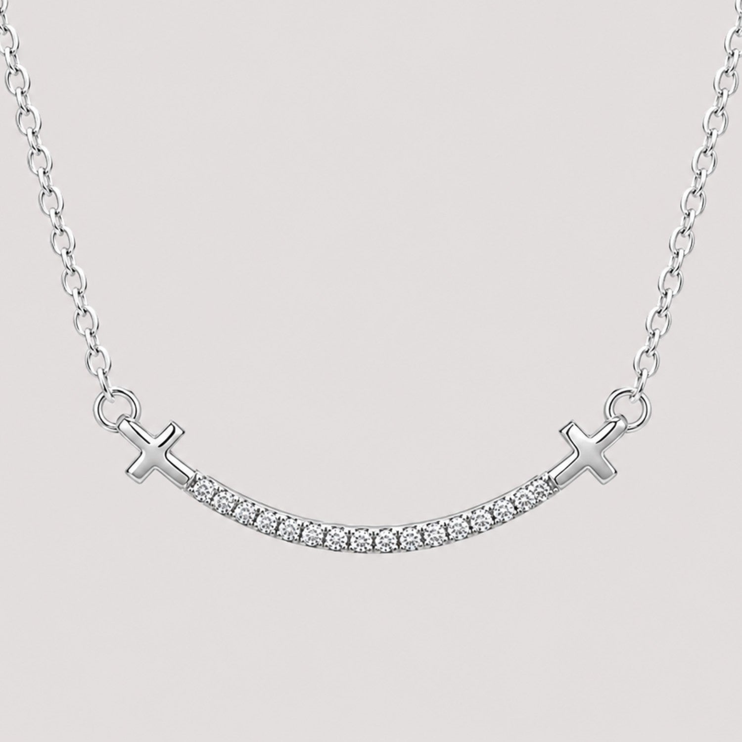 Silver Crystal Cross Bar Necklace | Modern Curved Cross Necklace | Waterproof & Tarnish-Resistant Necklace for Women