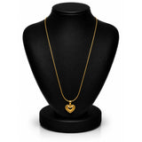A gold heart pendant necklace displayed on a black jewelry bust against a white background.