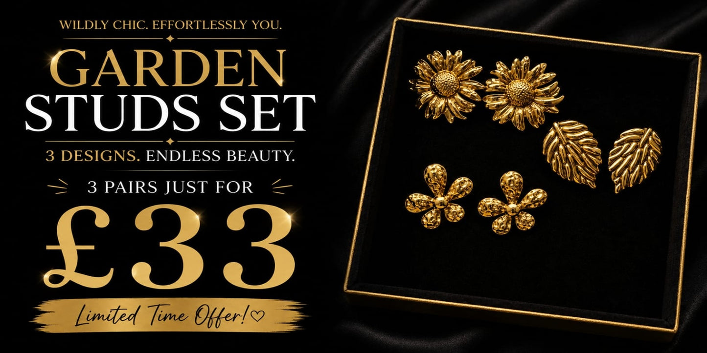 Garden Stud Earrings Set | 3 Pair Gold Floral & Leaf Stud Earrings | Stainless Steel | Earra UK
