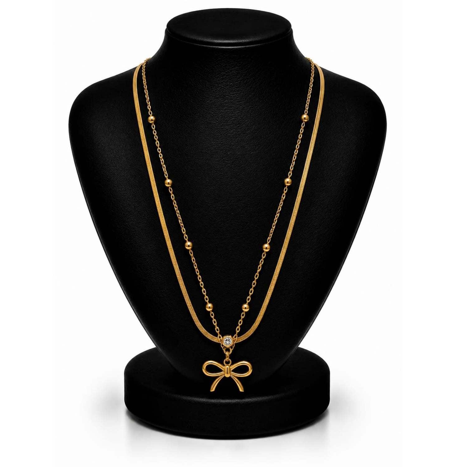 Women's 18K gold plated bow layered necklace on white background