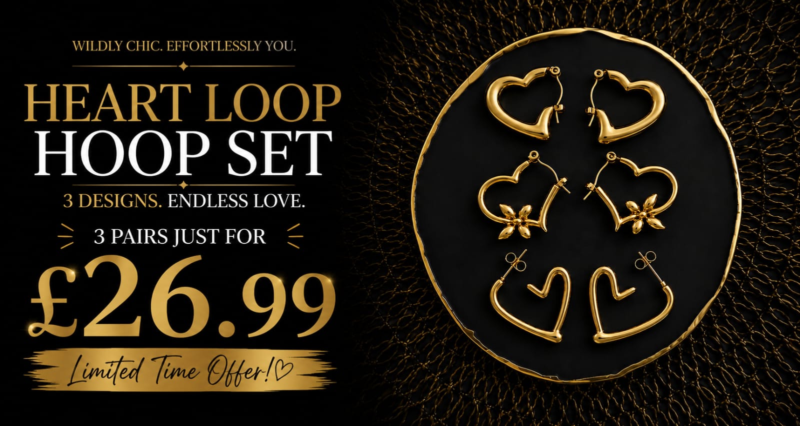 Heart Loop Hoop Earrings Set | 3 Pair Gold Heart Stainless Steel Hoop Earrings | Earra UK