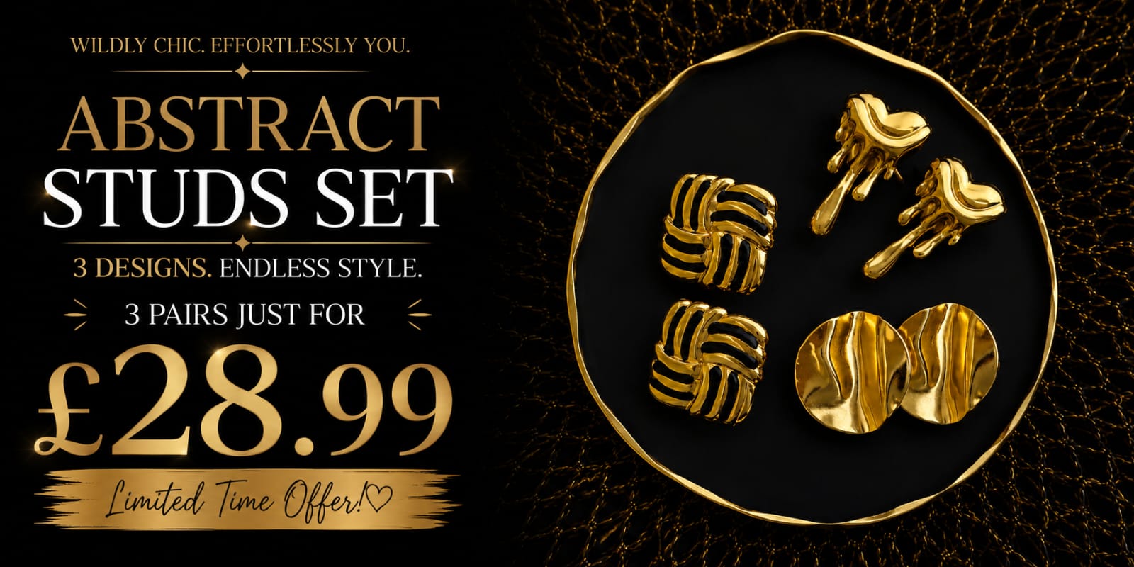Abstract Stud Earrings Set | 3 Pair Gold Stainless Steel Stud Earrings | Earra UK