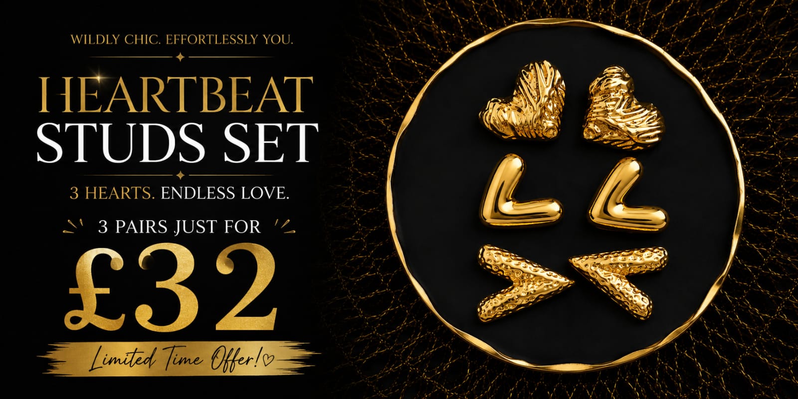 Heartbeat Stud Earrings Set | 3 Pair Gold Heart Stainless Steel Stud Earrings | Earra UK